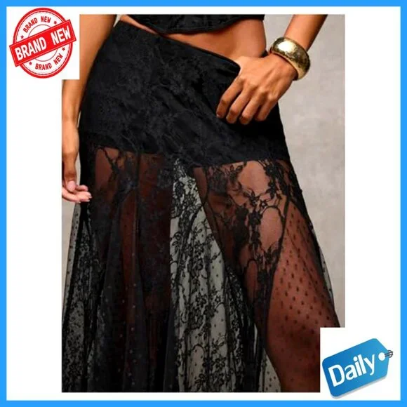 Lace Maxi Skirt A-Line Ruffle Boho Sheer Casual Long Skirt - Picture 4 of 6